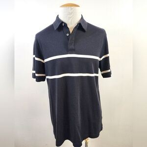 NWOT Bugatchi Men's Black Polo Shirt Short Sleeve White Stripes Detail, sz LG